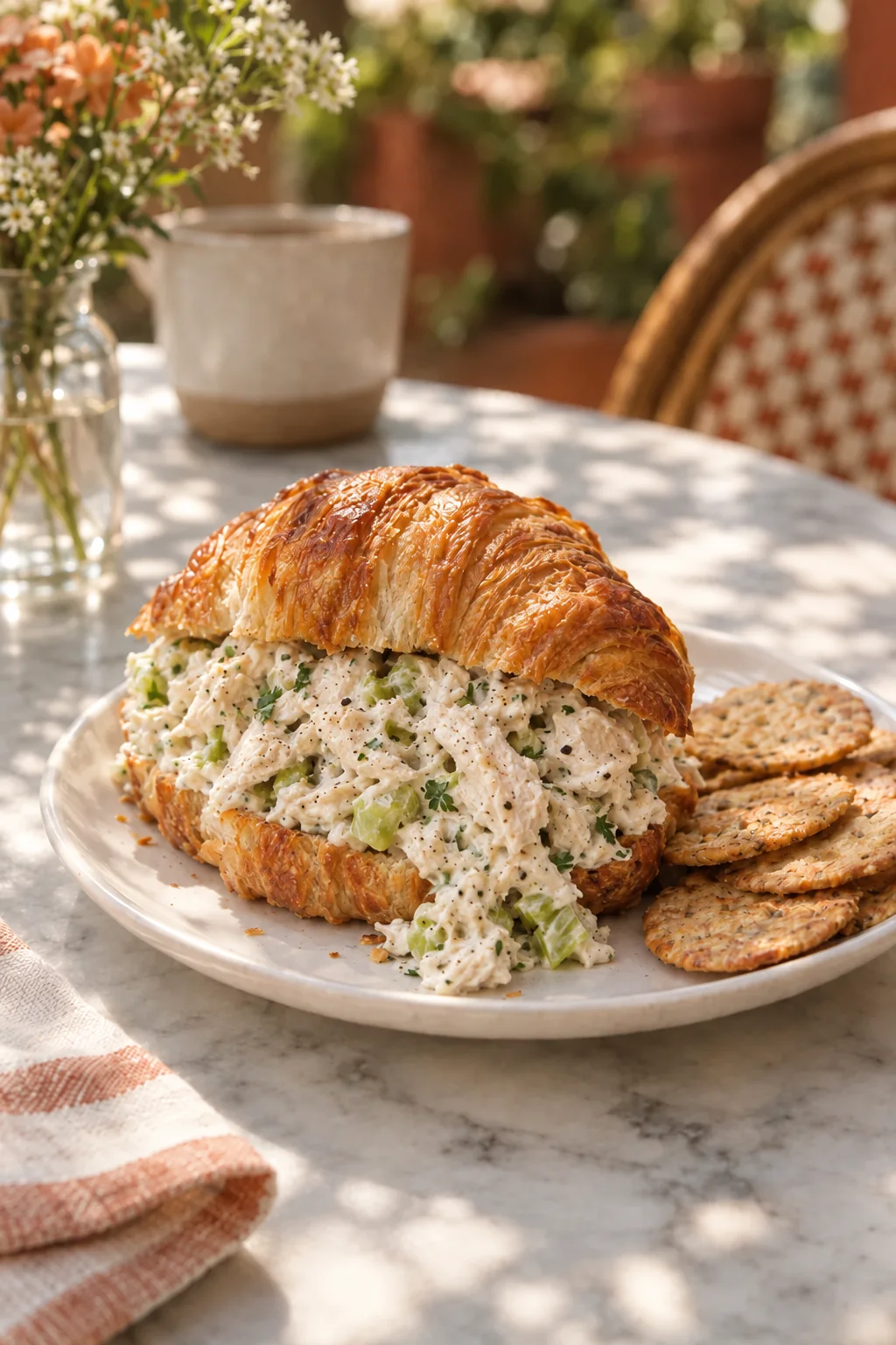 Chicken salad croissant with crackers