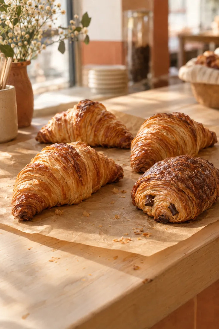 Butter and chocolate croissants on parchment