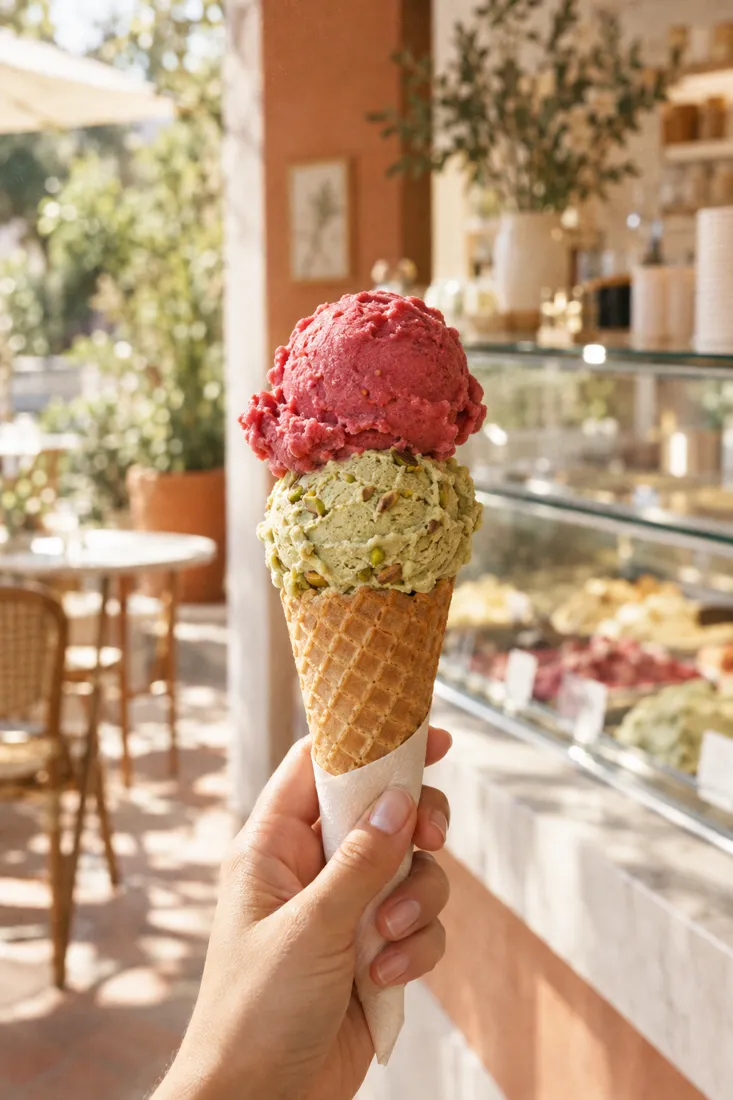 Waffle cone with pistachio gelato and raspberry sorbet
