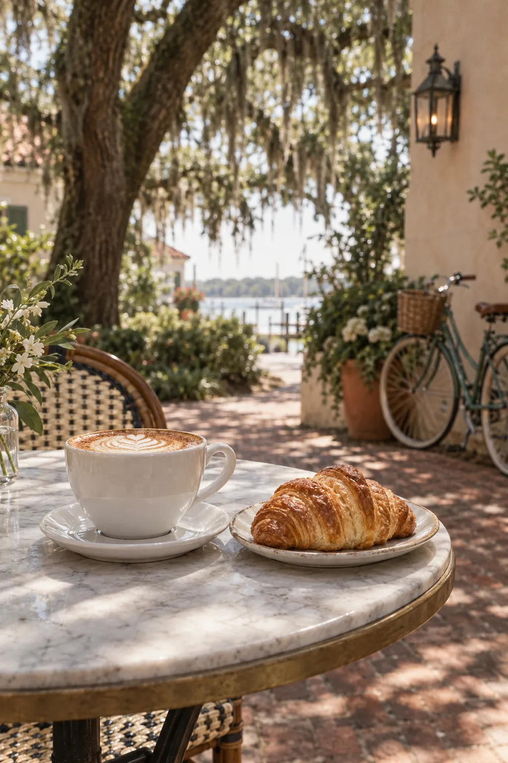 Cappuccino and a butter croissant on a marble bistro table under the live oaks